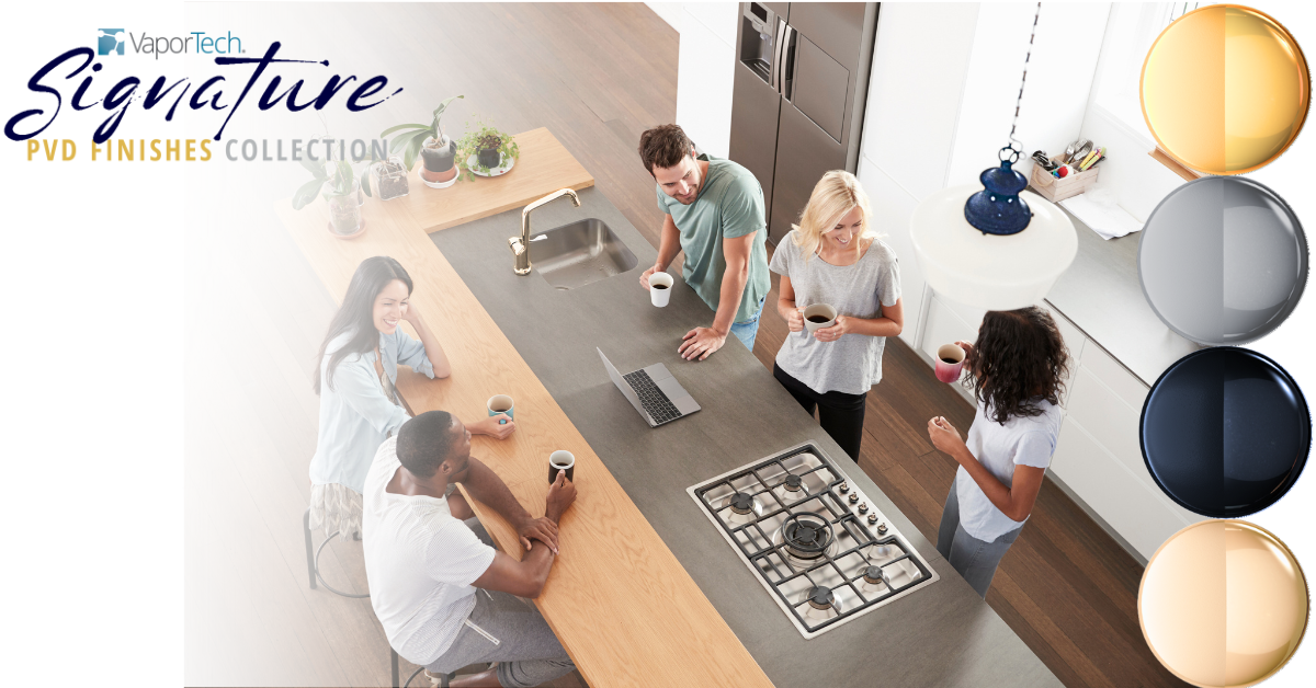 People socializing in a luxury kitchen that features Signature Collection premium PVD coatings on fixtures
