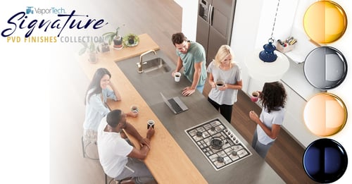 people in luxury kitchen with signature coated fixtures