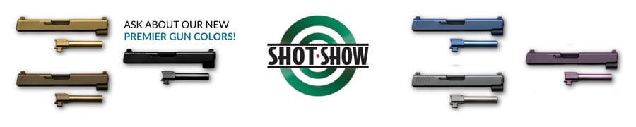 Firearms in various PVD coated colors and invitation to shot week supplier showcase ask about our new premier gun colors